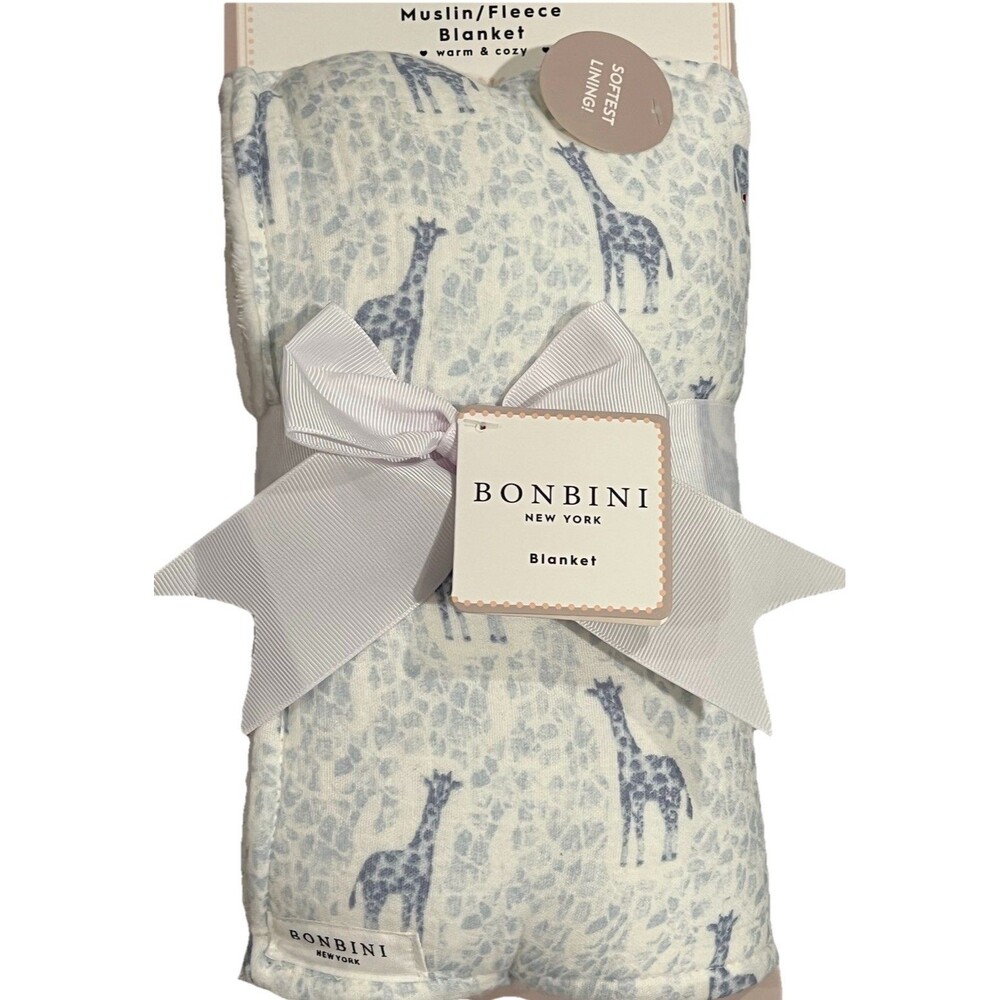 Bonbini Baby Blanket Muslin Fleece Soft Lining Blue Giraffe Print New